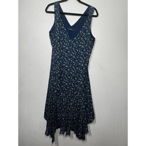 Polo Ralph Lauren Silk Dress Navy Blue V-Neck Floral Pullover Sleeveless Sz 10